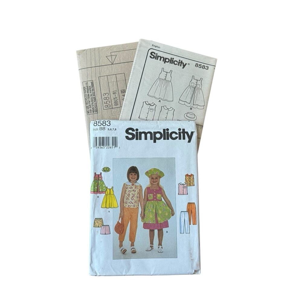 Simplicity 8583 Uncut Children’s Dress Jumper Pants Shorts Hat Top Sizes 5 6 7 8
